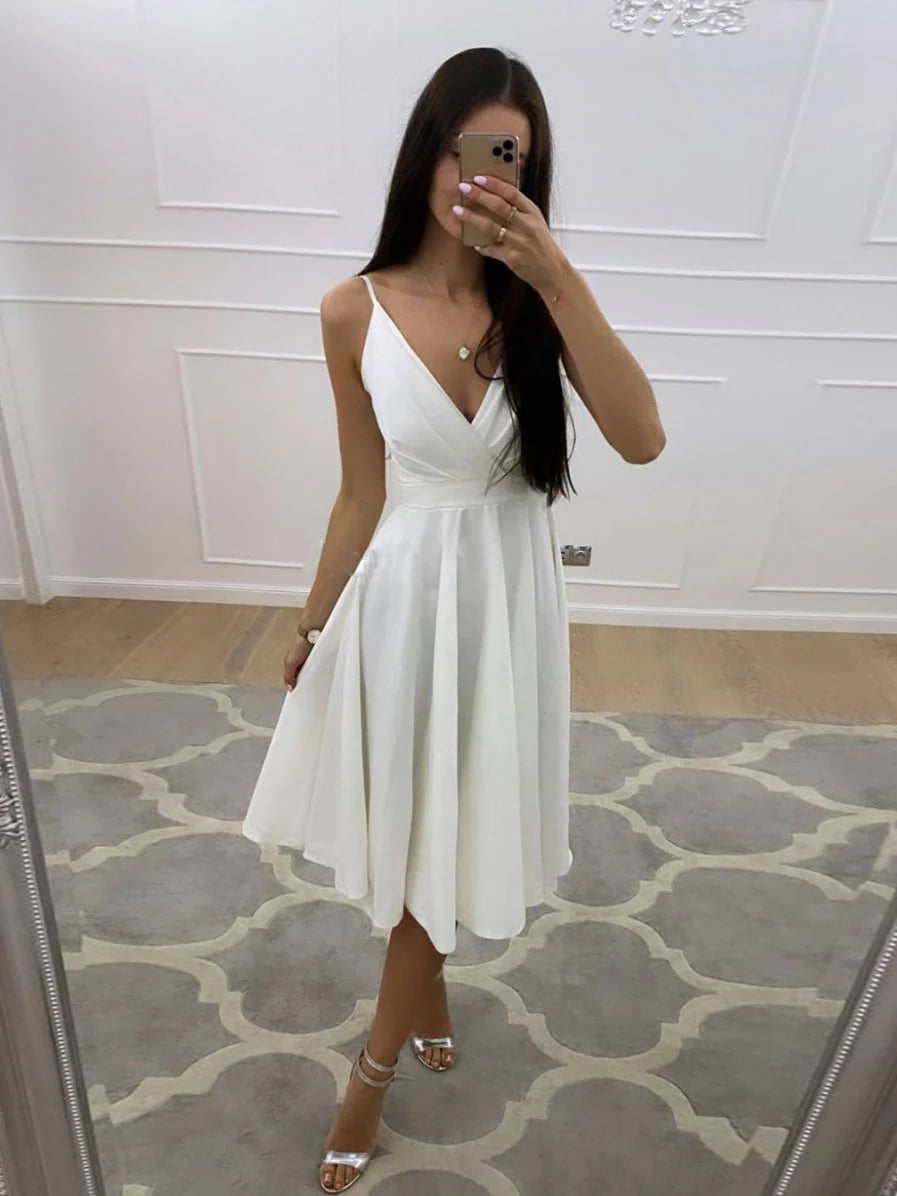 Simple white v neck short prom dress white homecoming dress