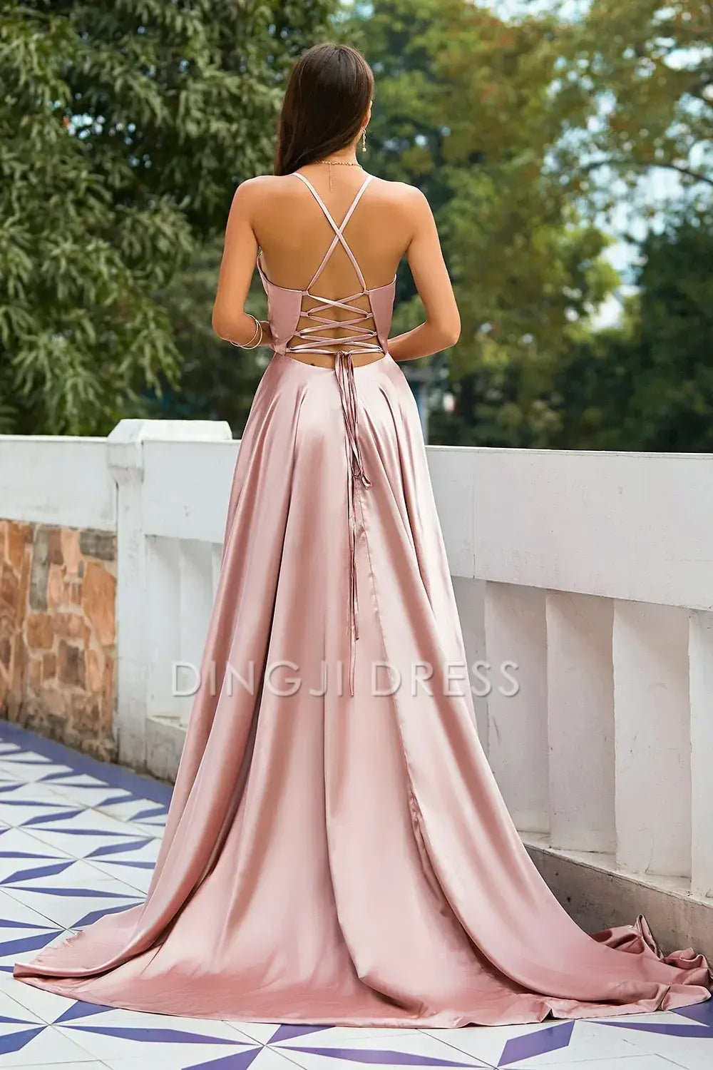 DingJiDress High Quality Dress Charming Deep V Neck Spaghetti Straps Backless Lace up Fashion Prom Dress