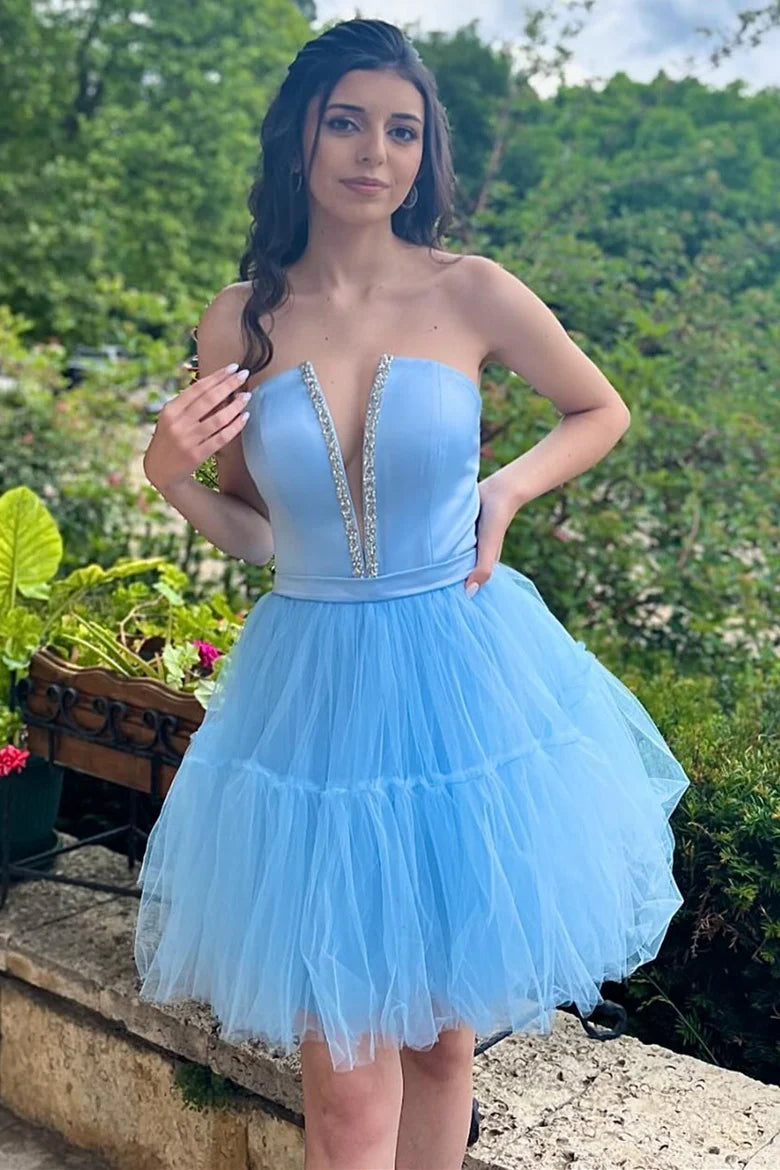 Light Blue Strapless Lace-Up A-Line Homecoming Dress