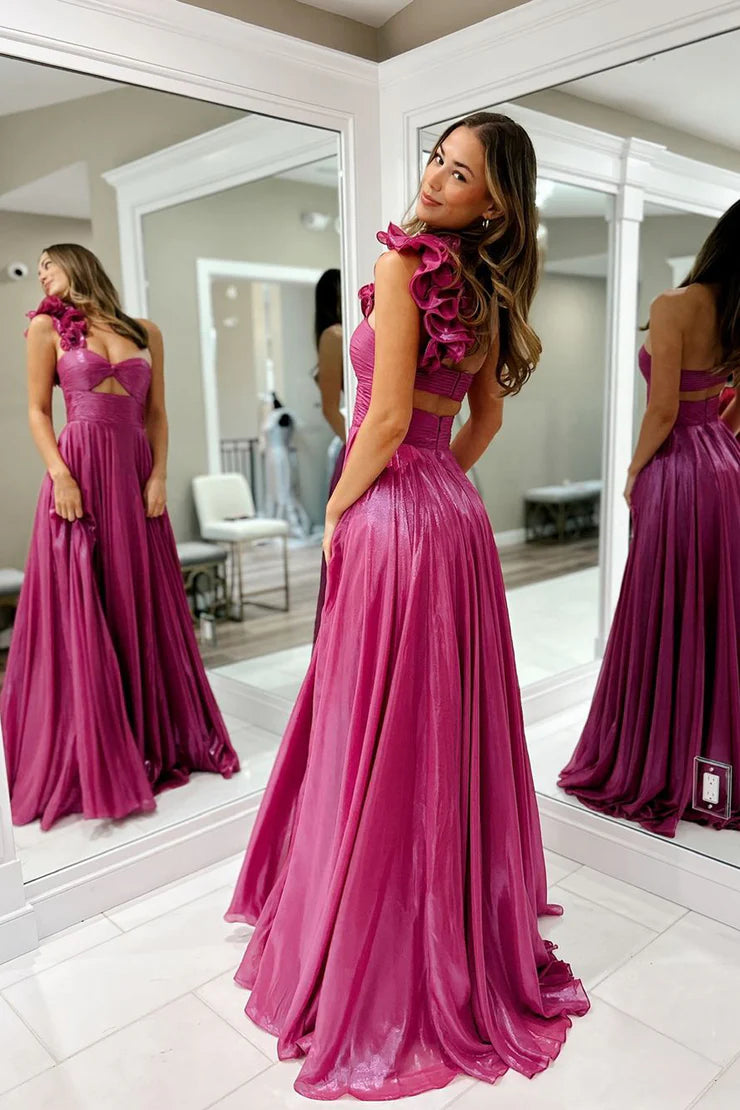 A Line One Shoulder Fuchsia Sparkly Satin Long Prom Dress with Slit