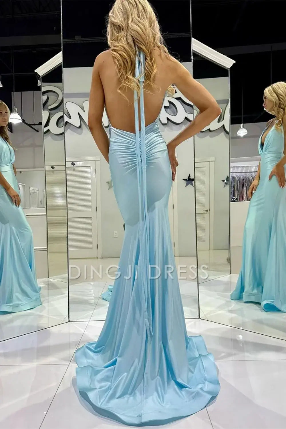 DingJiDress Trendy Mermaid Halter Neck Pleated Backless Long Elegant Prom Dress