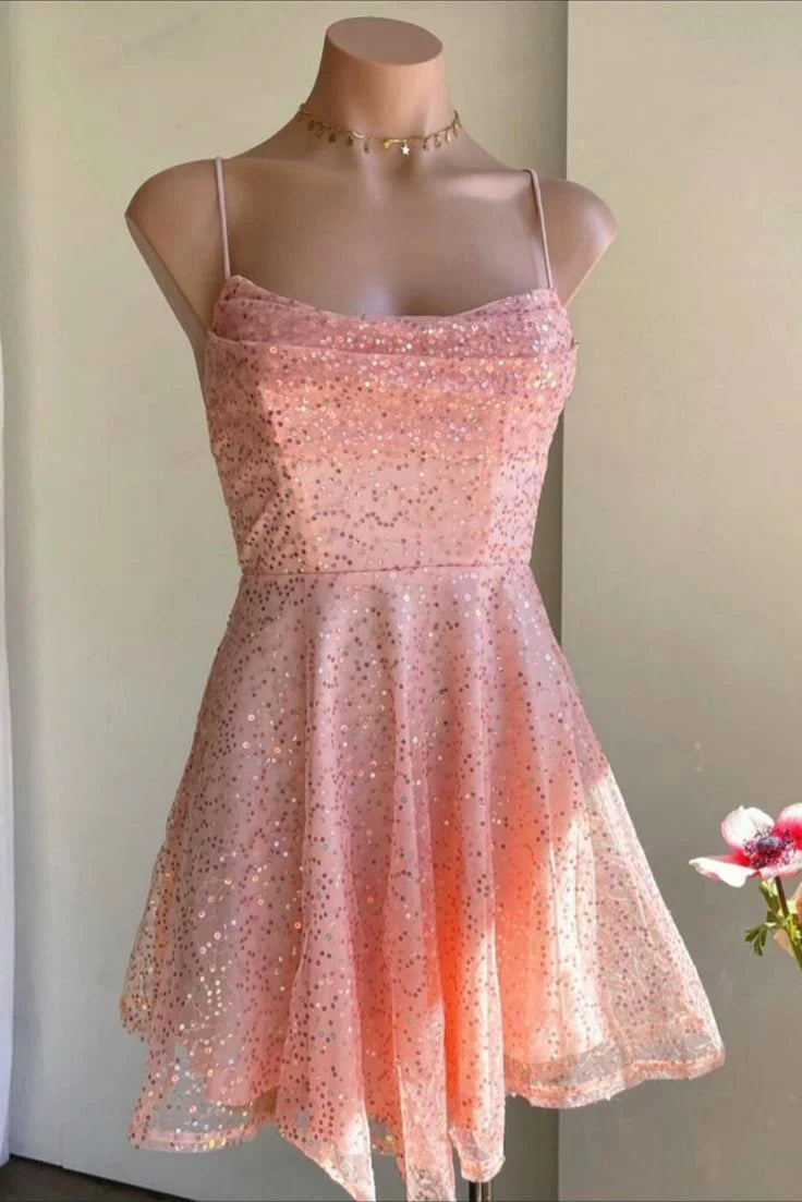 Elegant pink glitter chiffon short party dance dress