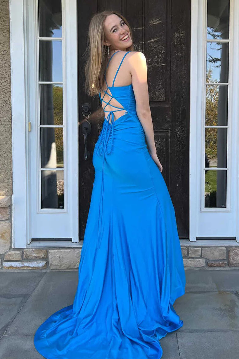 Blue Straps Lace-Up Mermaid Long Prom Gown