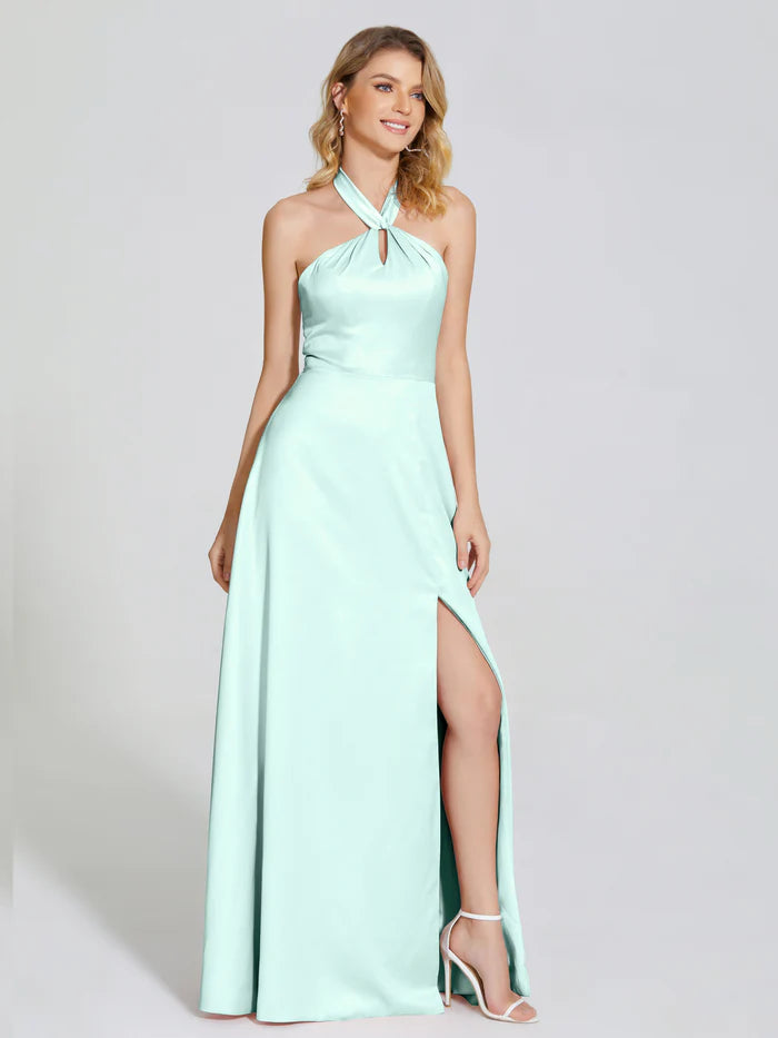 Backless Halter Soft Satin Prom Dress With Cutout