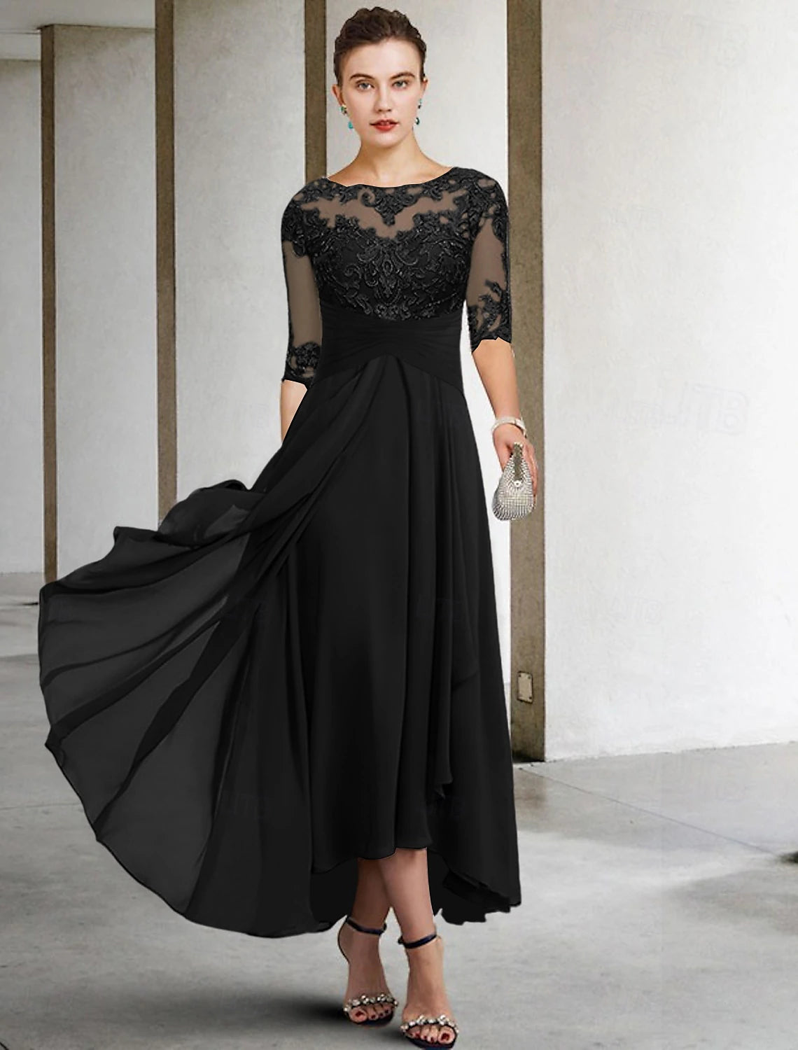 A-Line Mother of the Bride Dress Wedding Guest Elegant Plus Size High Low V Neck Asymmetrical Ankle Length Chiffon Lace Half Sleeve with Beading Appliques