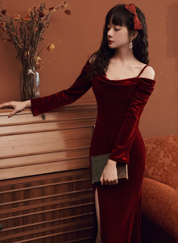 Elegant Wine Red Long Sleeves Mermaid Party DressWine Red Long Prom Dress