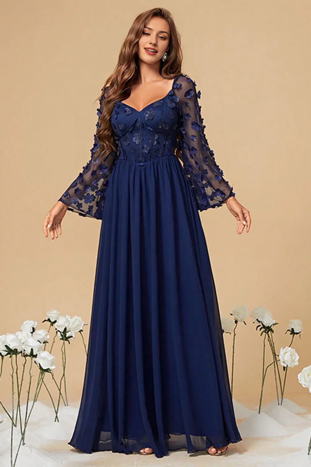 Navy Chiffon Mother Of The Bride Dress with Flowers
