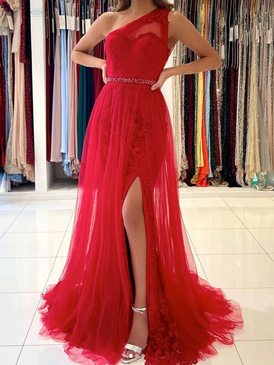 Red one shoulder tulle lace long prom dress red evening dress