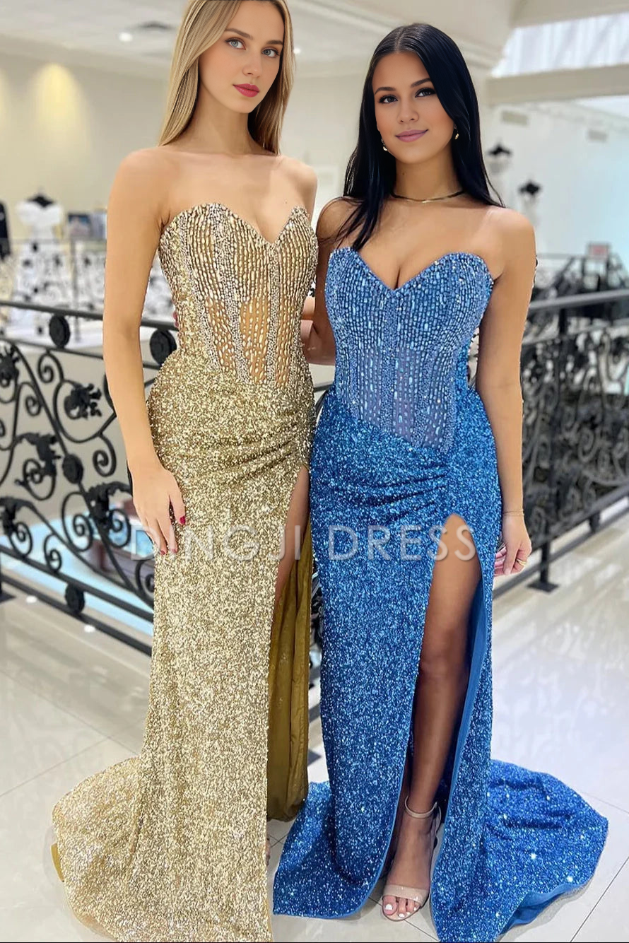 DingJiDress Sparkly Mermaid Sweetheart Side Fork Long with Beading Gorgeous Prom Dress