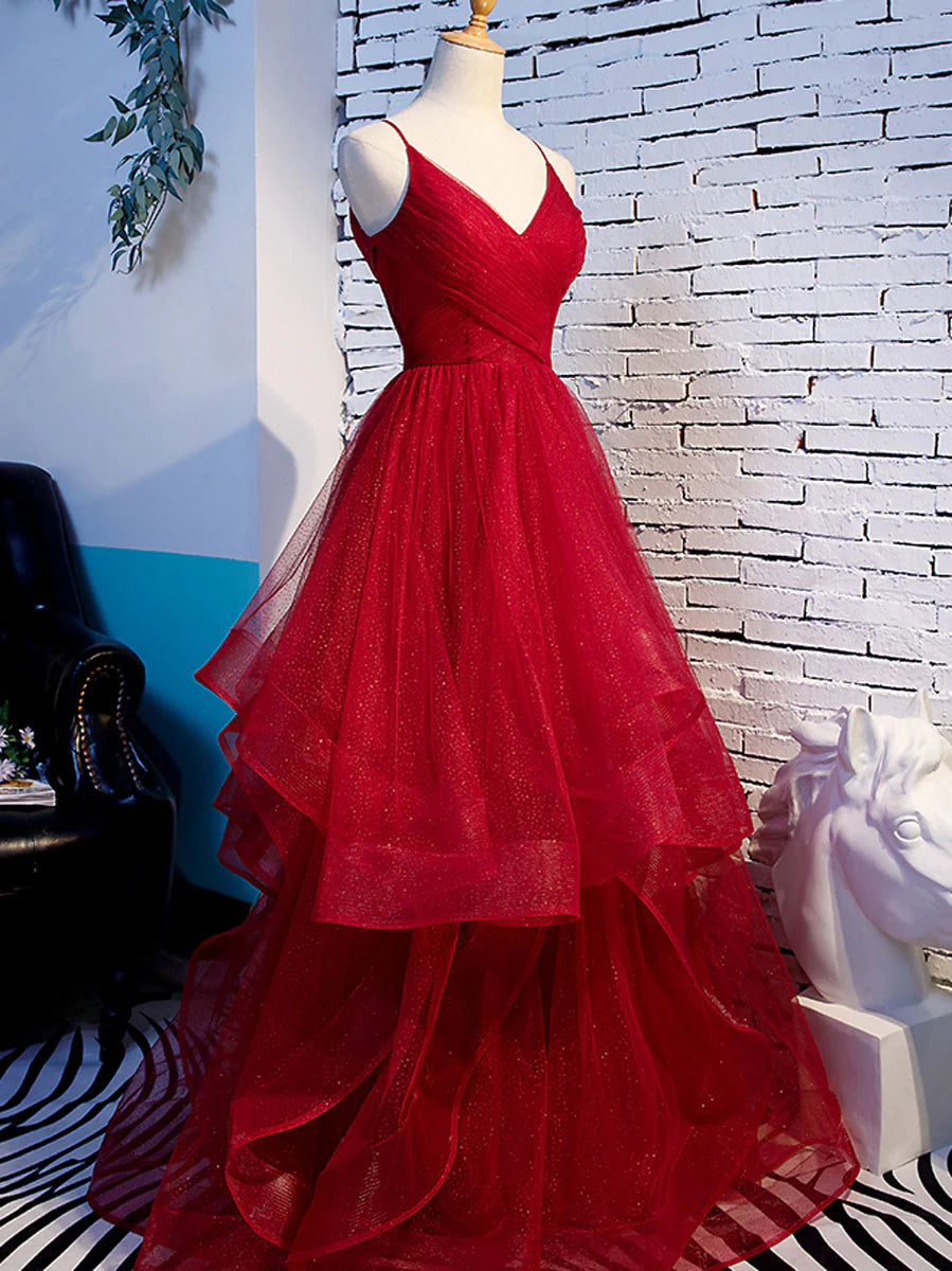Burgundy v neck tulle long prom dress burgundy evening dress