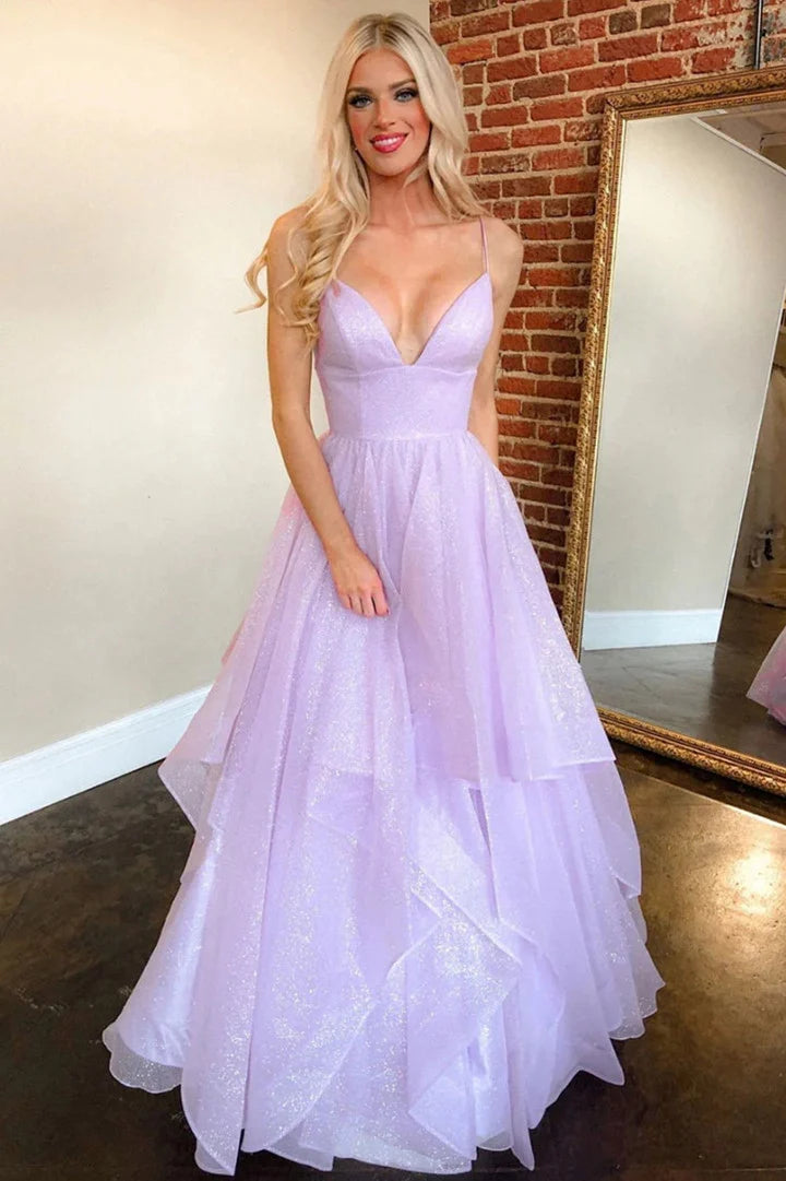 Light Purple Tulle V-neckline Straps Party DressLight Purple Tulle Prom Dress