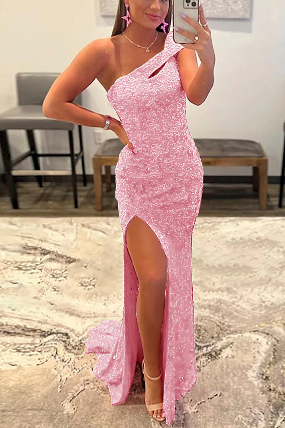 Pink long shoulder slit sequin dance dress