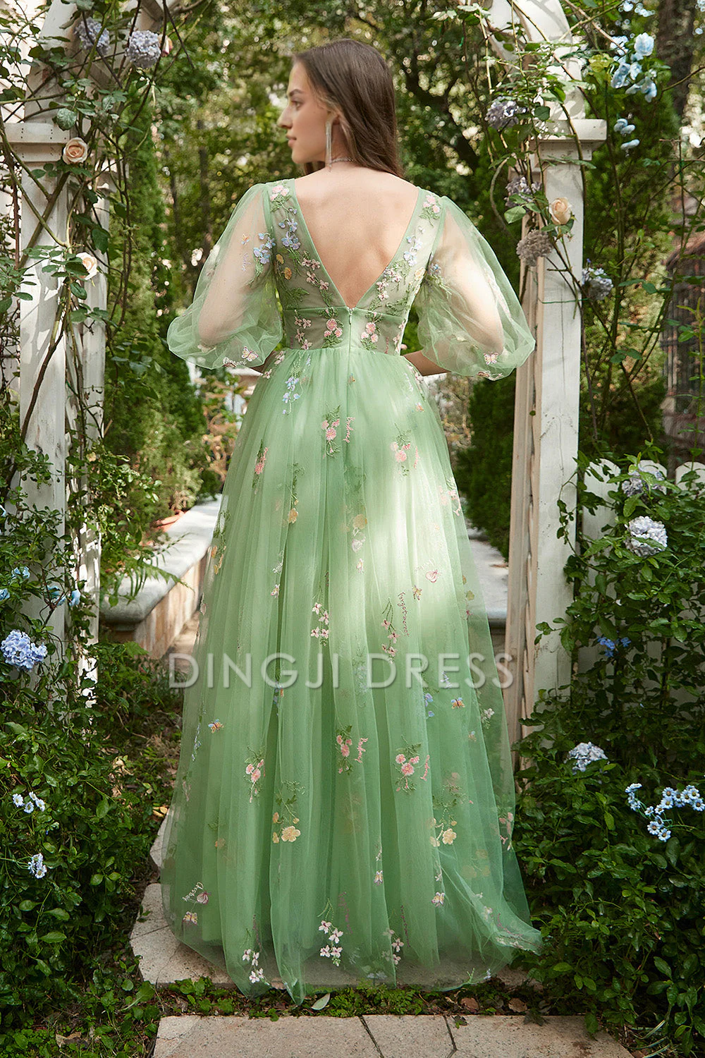 DingJiDress High Quality Dress Evening Dress Elegant A-Line V-Neck Short Sleeves Embroidery Fantastic Long Prom Dress