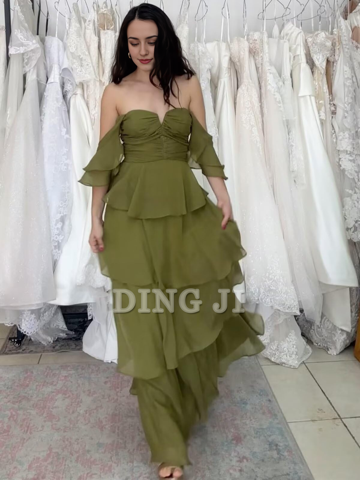 DingJiDress Prom Dresses Elegant Tiers Chiffon Backless Off The Shoulder Long Formal Wear Dresses
