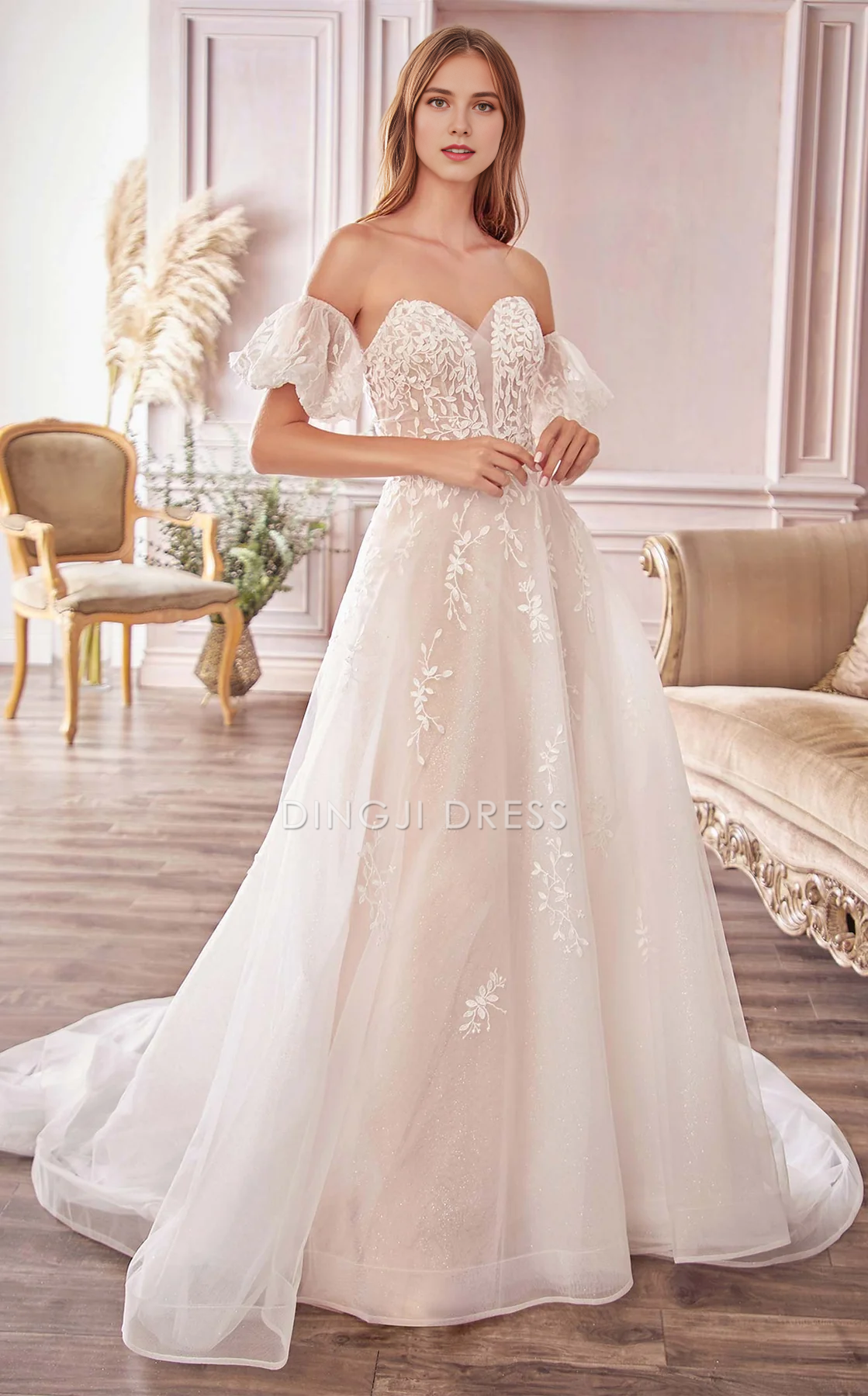 DingJiDress Hot Sale Wedding Dress Elegant A Line Off Shoulde Sweetheart Neckline Short Sleeves Backless Exquisite Lace Formal Wear Dresses