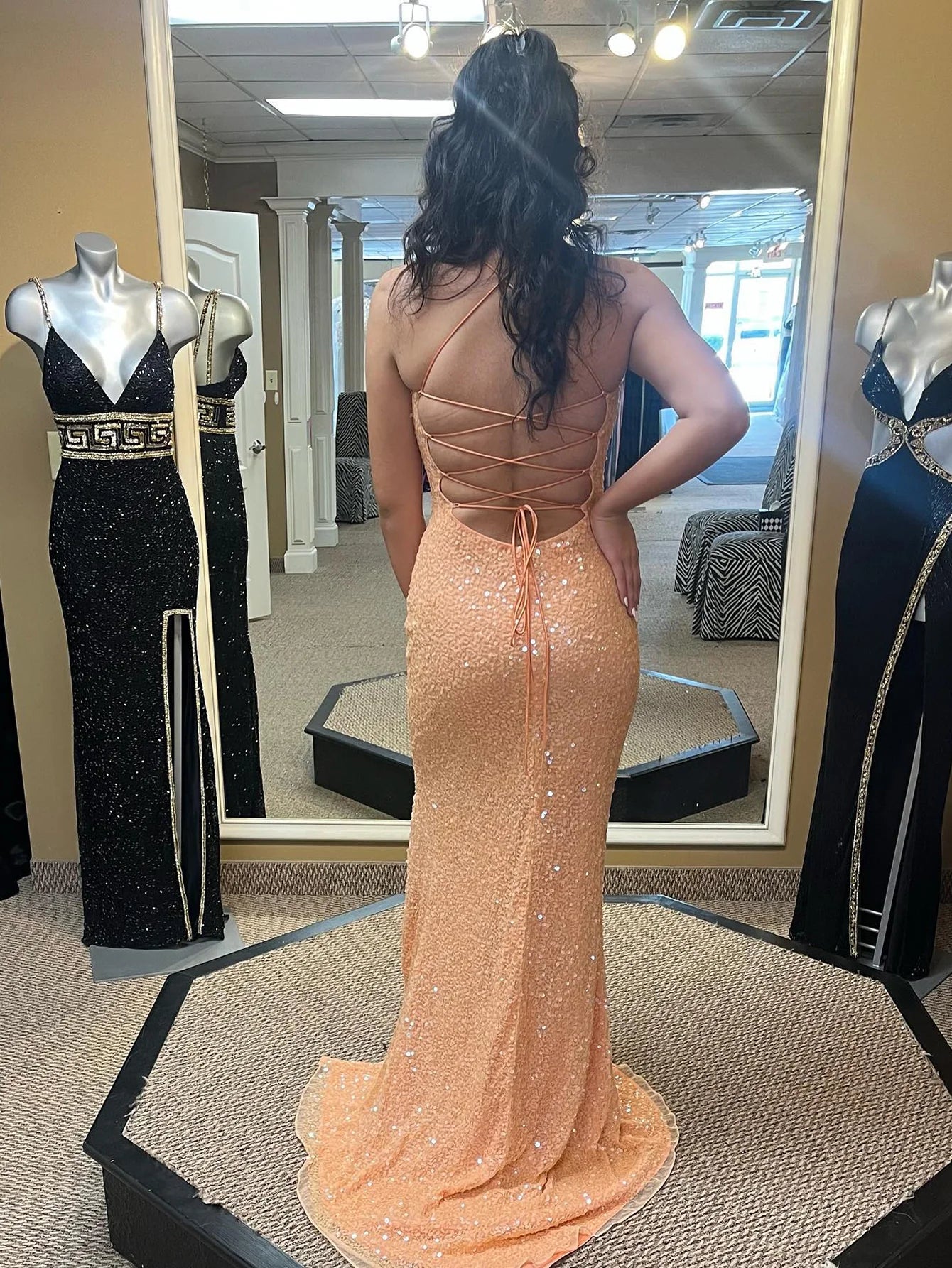 Orange suspender sequin long ball dress with round cross back