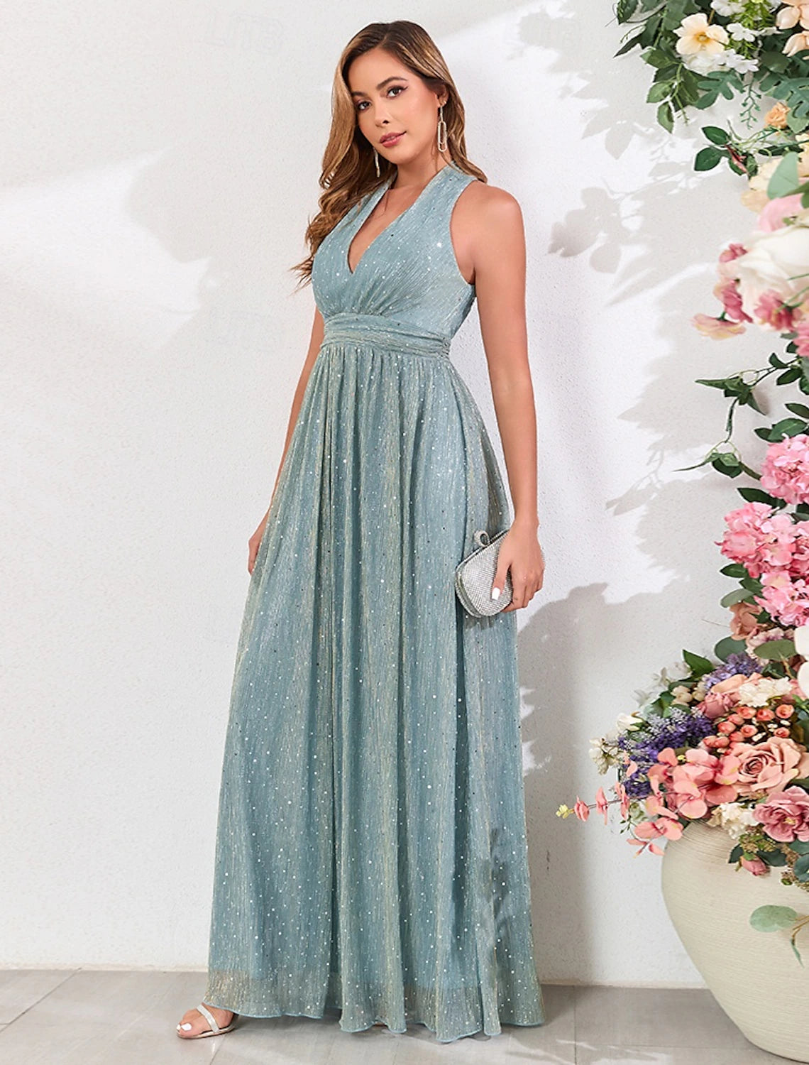 A-Line Wedding Guest Dresses Elegant Dress Wedding Guest Party Wear Floor Length Sleeveless V Neck Fall Wedding Guest Cotton Blend with Sequin