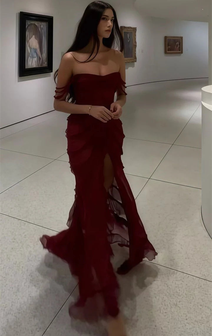 Wine red lace up chiffon long ball gown Wine red formal evening gown