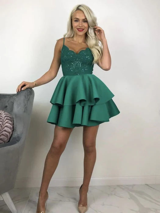 V Neck Layered Green Lace Short Prom Green Lace Formal Graduation Homecoming