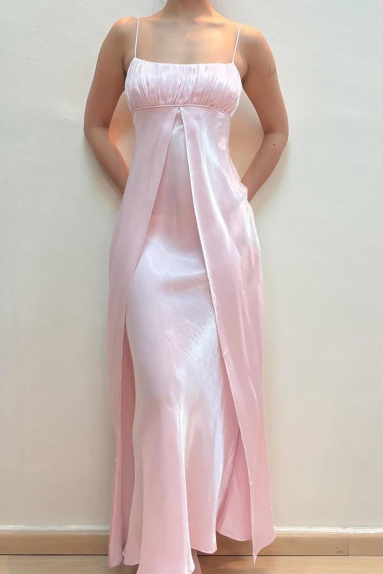 A-Line Spaghetti Straps Empire-Waist Sleeveless Long Pink Prom Dress