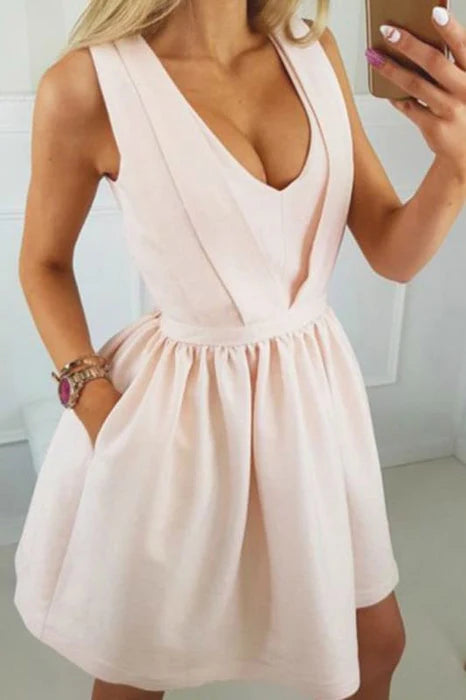 Unique V-neck satin back to school short ball dress with backless design