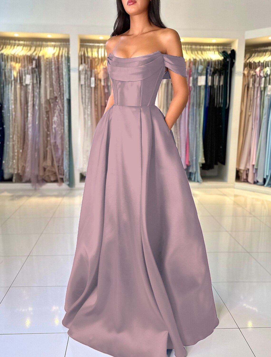 A-Line Evening Gown Elegant Dress Evening Party Birthday Floor Length Sleeveless Strapless Pocket Italy Satin Backless with Ruched Pocket