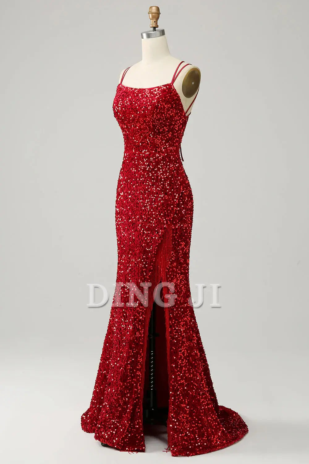 DingJiDress Prom Dress Sparkly Mermaid Spaghetti Straps Backless with Fringes Gorgeous Train Formal Women's Dresses Wedding Guests Dresses