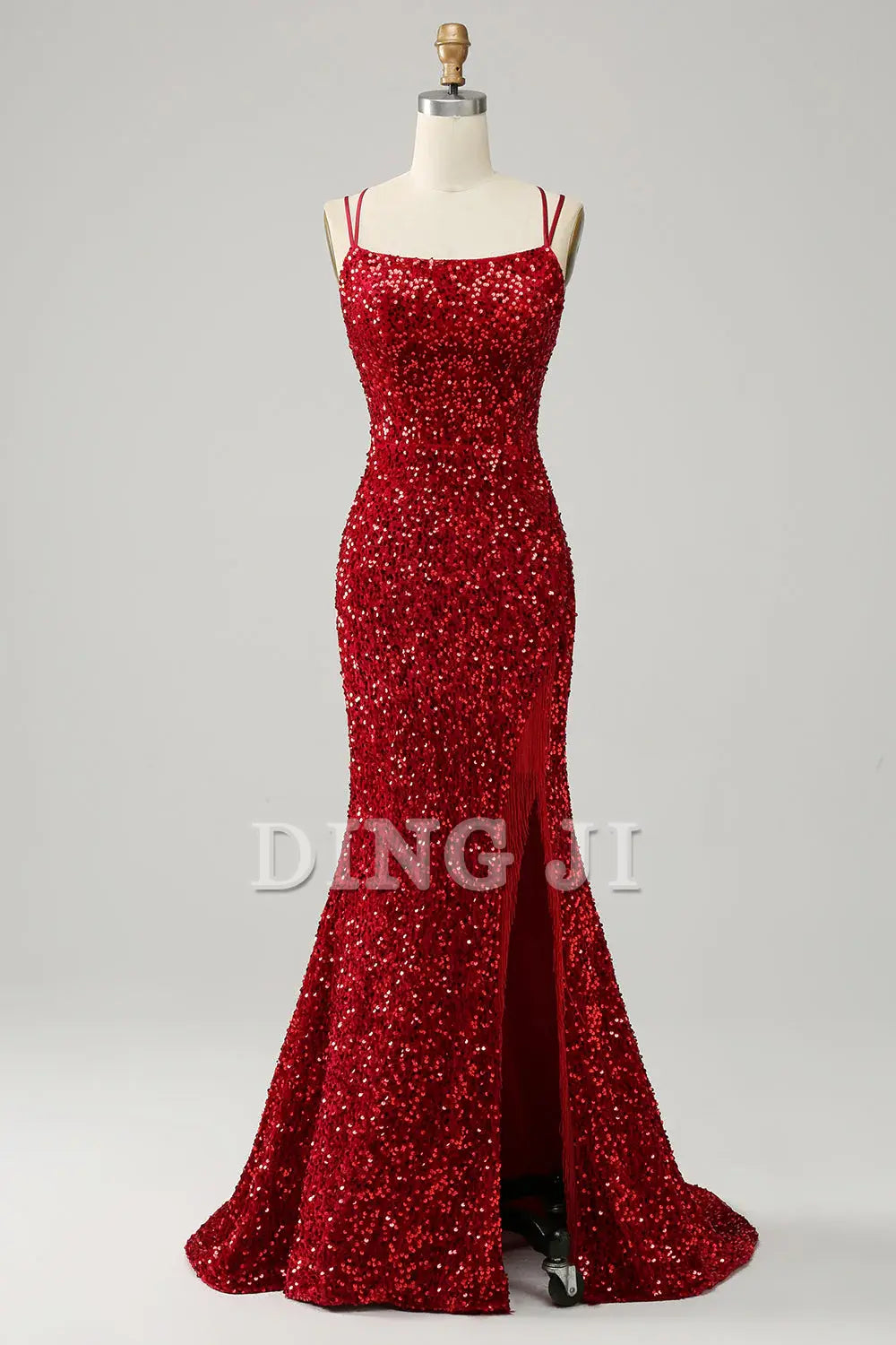 DingJiDress Prom Dress Sparkly Mermaid Spaghetti Straps Backless with Fringes Gorgeous Train Formal Women's Dresses Wedding Guests Dresses