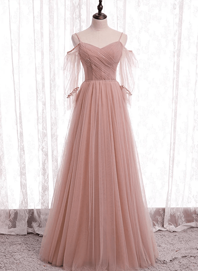 Pink Tulle Simple A-line Long Wedding Party DressesPink Formal Dresses