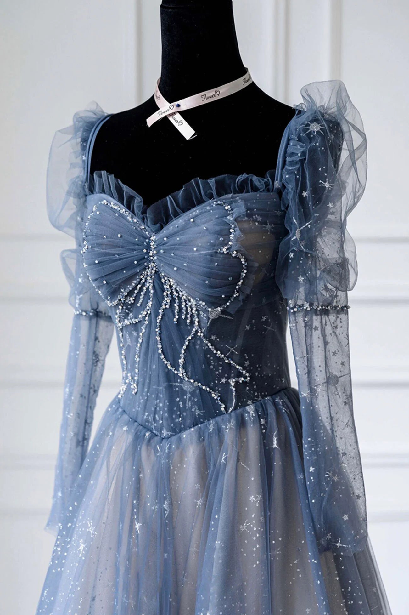 BLUE TULLE BEADS LONG PROM DRESS BLUE EVENING DRESS