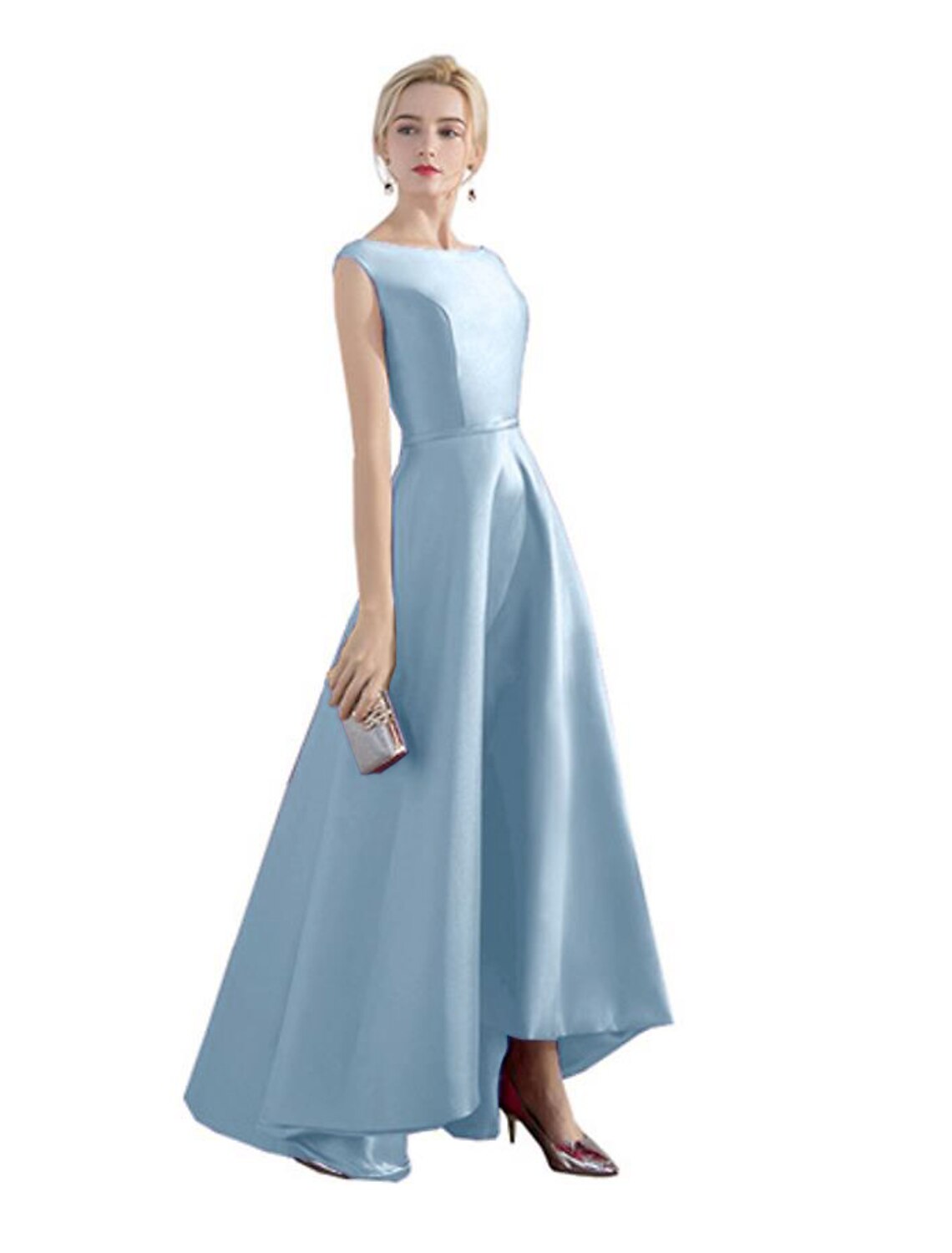 A-Line Evening Gown Red Green Dress Wedding Guest Party Wear Asymmetrical Sleeveless Jewel Neck Satin with Sleek dress to impress