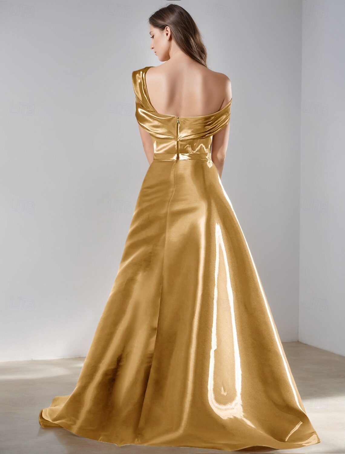 A-Line Evening Gown Elegant Dress Formal Floor Length Short Sleeve One Shoulder Pocket Satin with Glitter