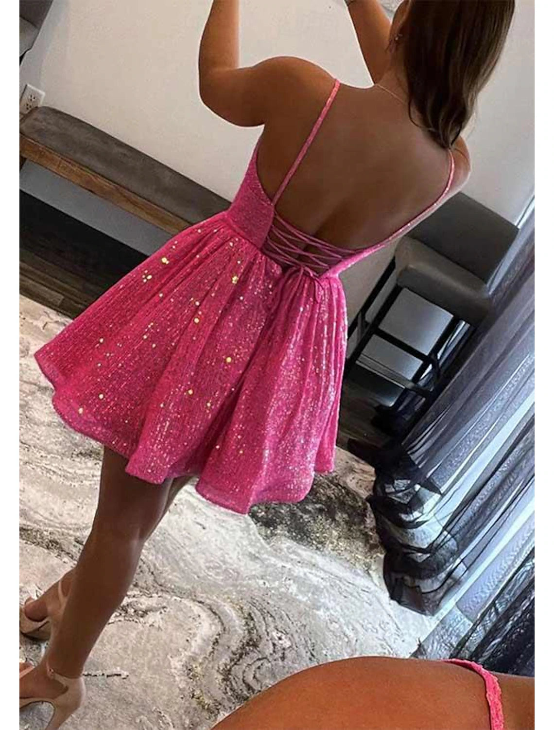 A-Line Homecoming Dresses Party Dress Holiday Graduation Short / Mini Sleeveless Spaghetti Strap Pink Dress Sequined with Glitter