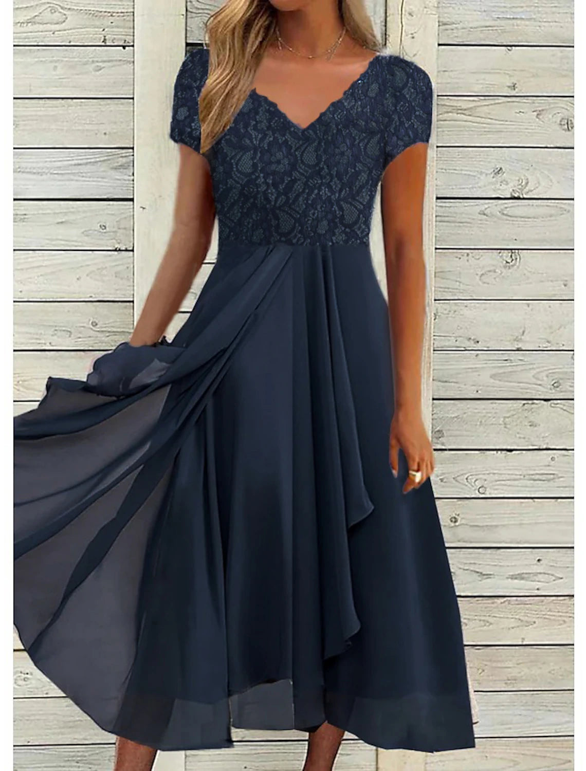 Women's Wedding Guest Cocktail Dress Elegant Midi Dress V-Neck Lace Short Sleeve Chiffon Flowy Navy Blue Evening Party Summer