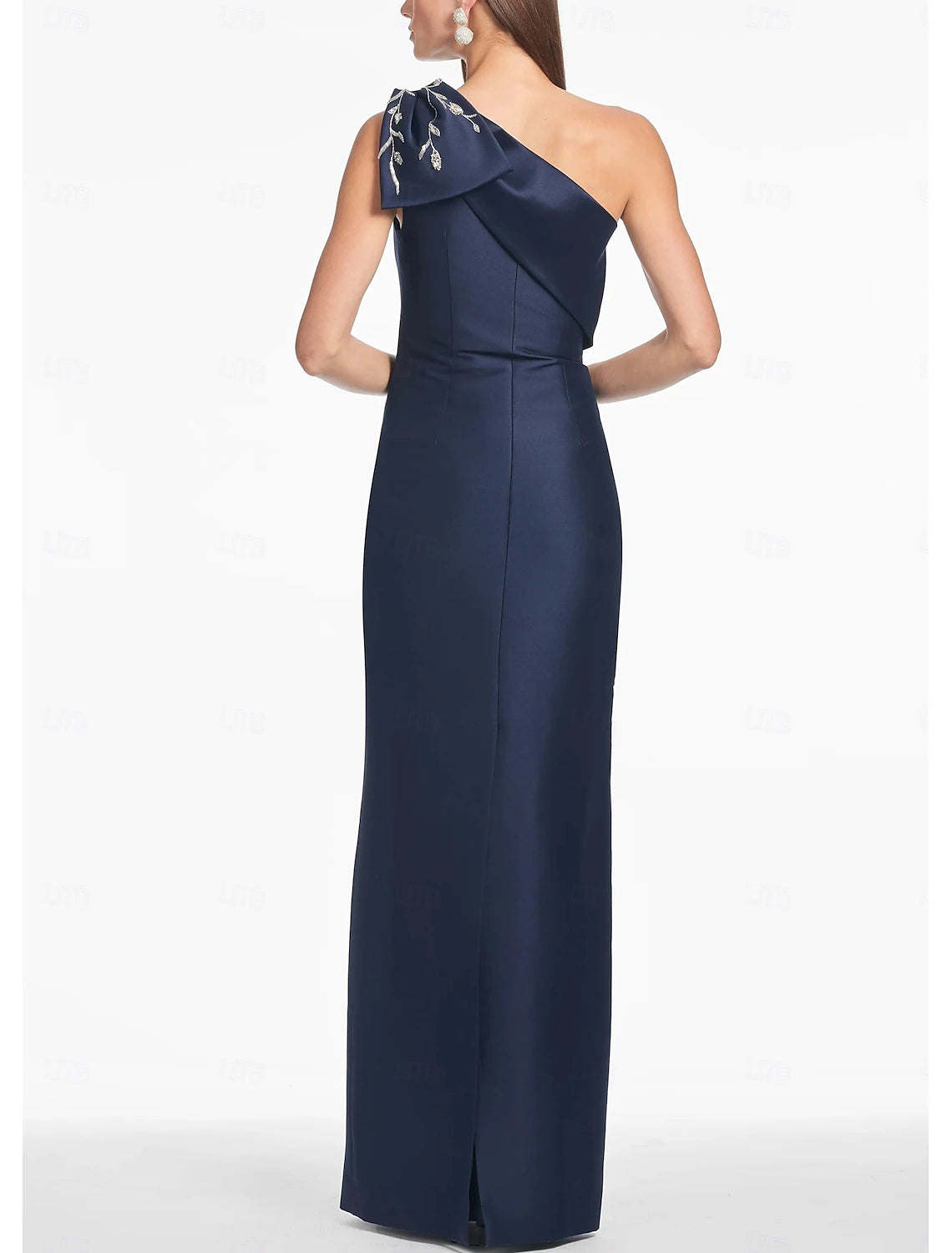 Embroidered Navy Floral Column Evening Gown Elegant Dress Formal Floor Length Sleeveless One Shoulder Satin with Glitter Bow Ruched