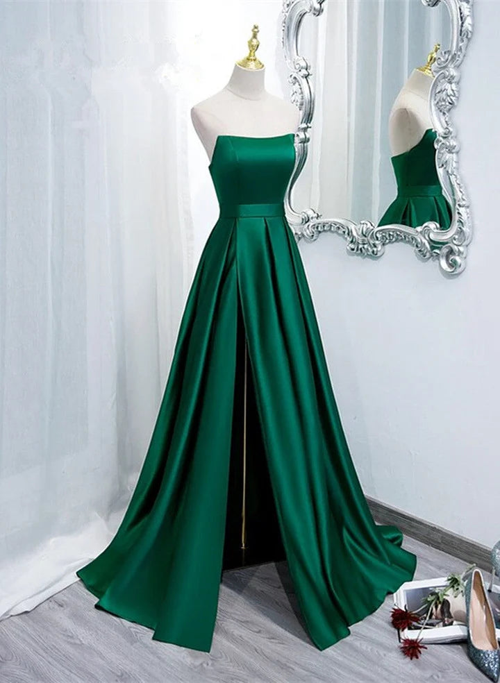 Green Satin Simple Long Party Dress with Leg SlitGreen A-ine Junior Prom Dress