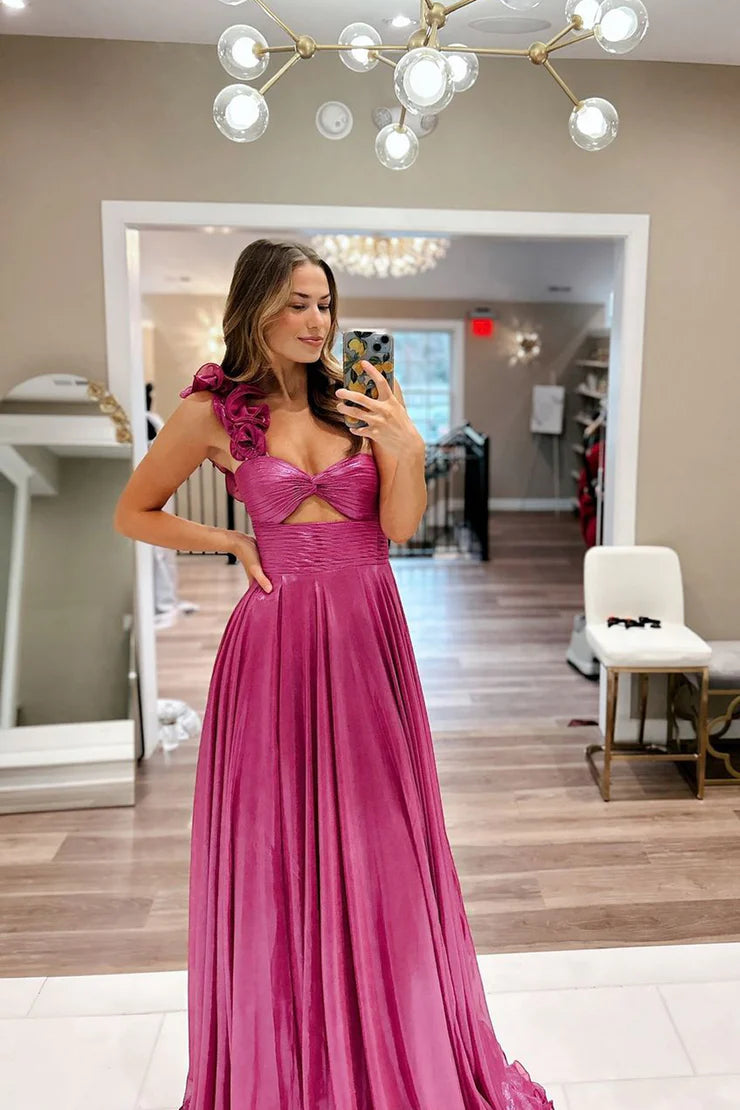 A Line One Shoulder Fuchsia Sparkly Satin Long Prom Dress with Slit
