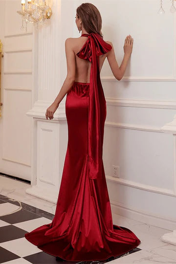 Burgundy Halter Backless Mermaid Long Evening Dress