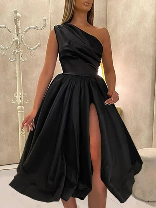 One Shoulder Black/Purple Satin Tea Length Prom Dresses Black/Purple Homecoming Dresses, Short Black/Purple Formal Evening Dresses