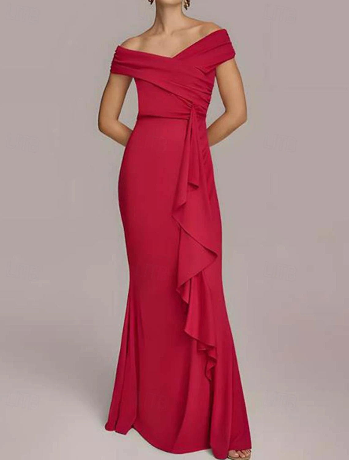 Mermaid Trumpet Evening Gown Elegant Dress Formal Wedding Floor Length Sleeveless Off Shoulder Stretchy Knit with Ruched And Ruffles