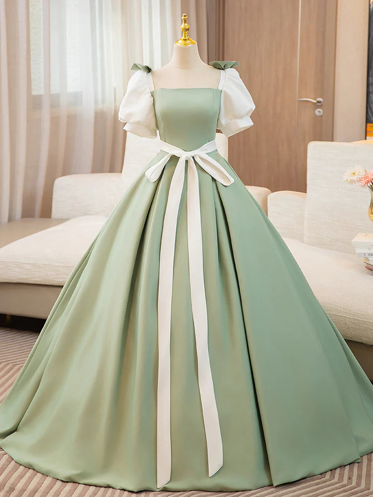 A-Line Puff Sleeves Satin Green Long Prom Dress Green Sweet