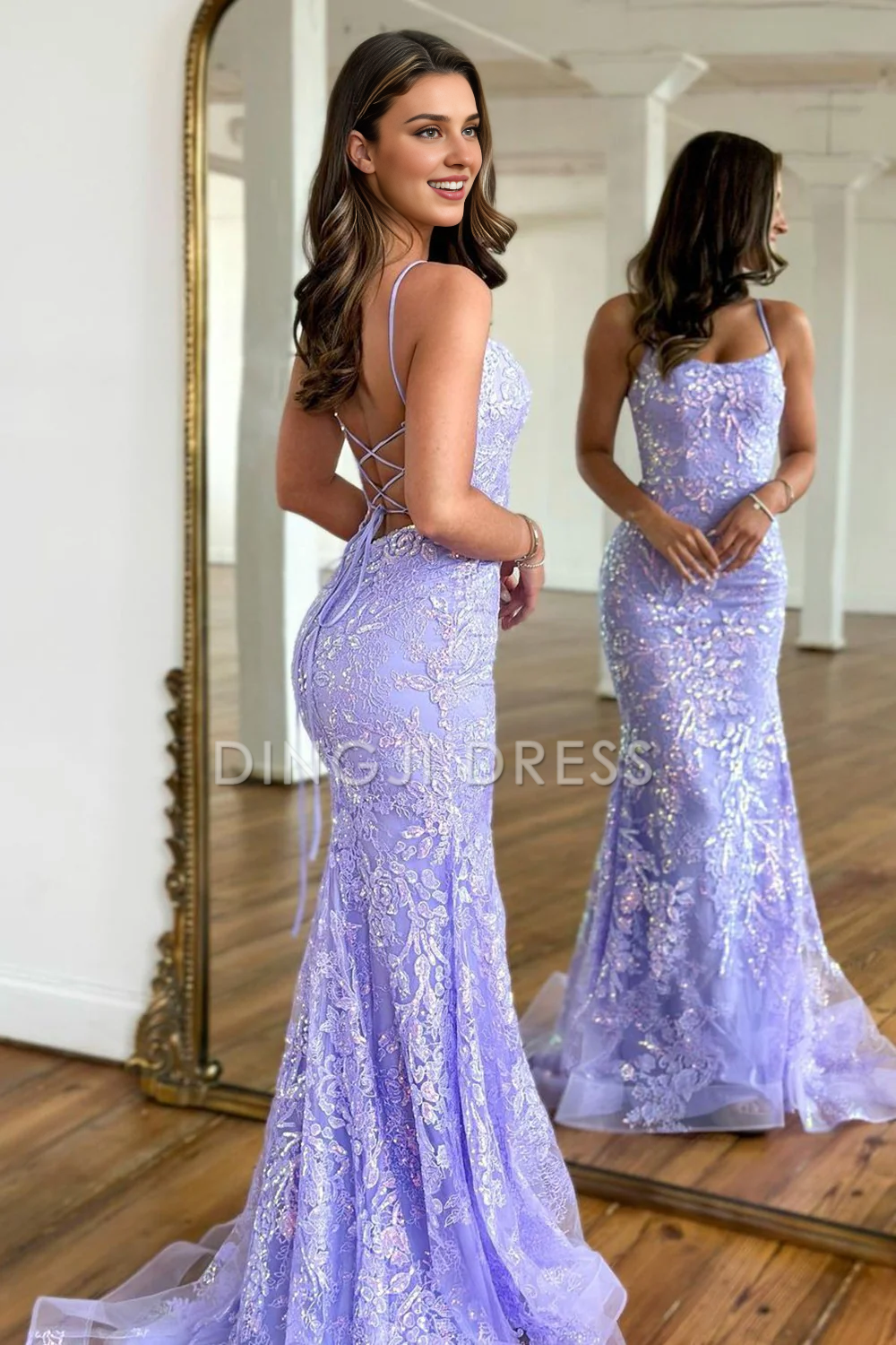 DingJiDress Sweet Spaghetti Straps Backless Lace Up Long Corset With Appliques Luxury Prom Dress