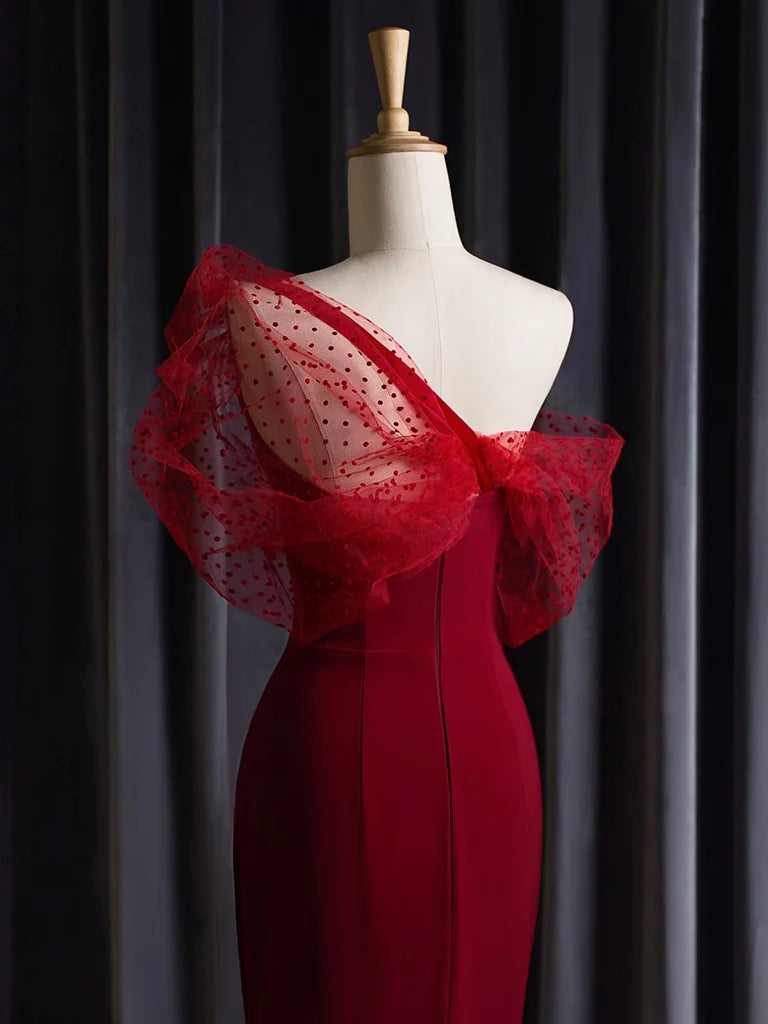 Mermaid One Shoulder Satin Tulle Burgundy Long Prom Dress