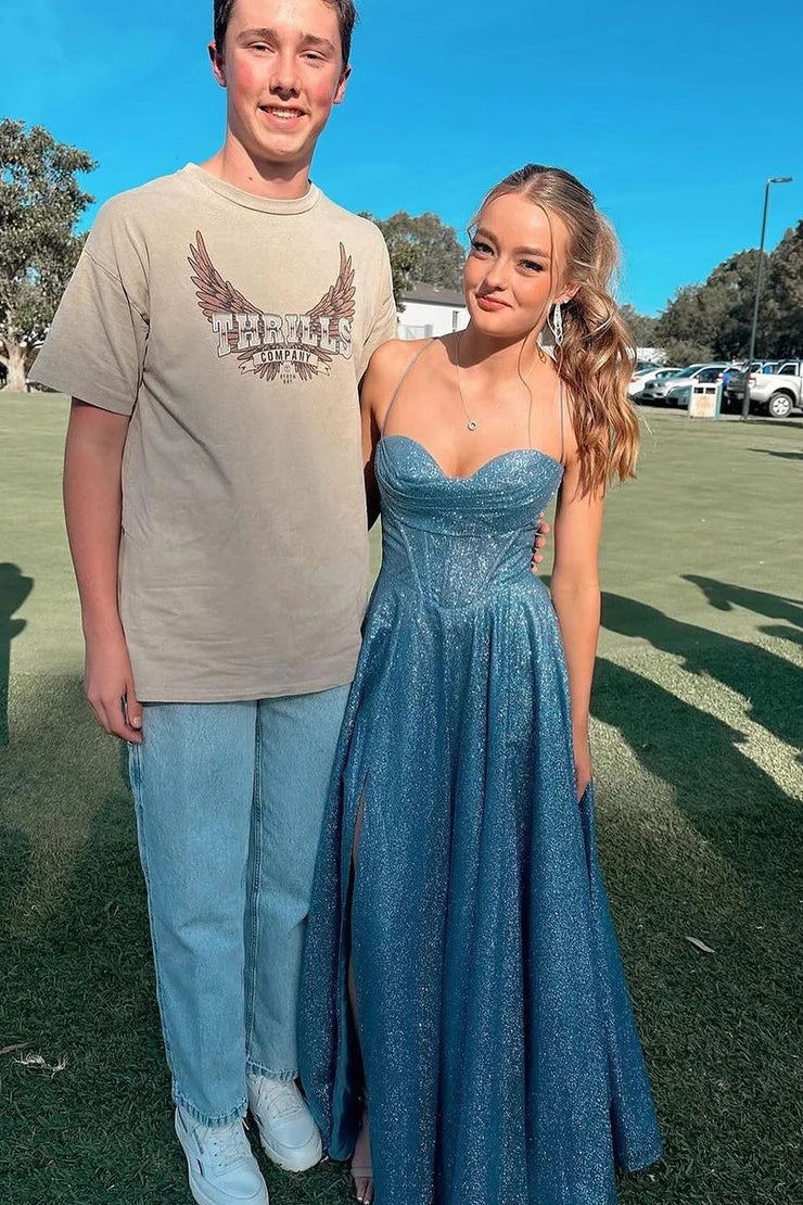 A Line Sweetheart Sparkly Satin Long Prom Dresses with Slit