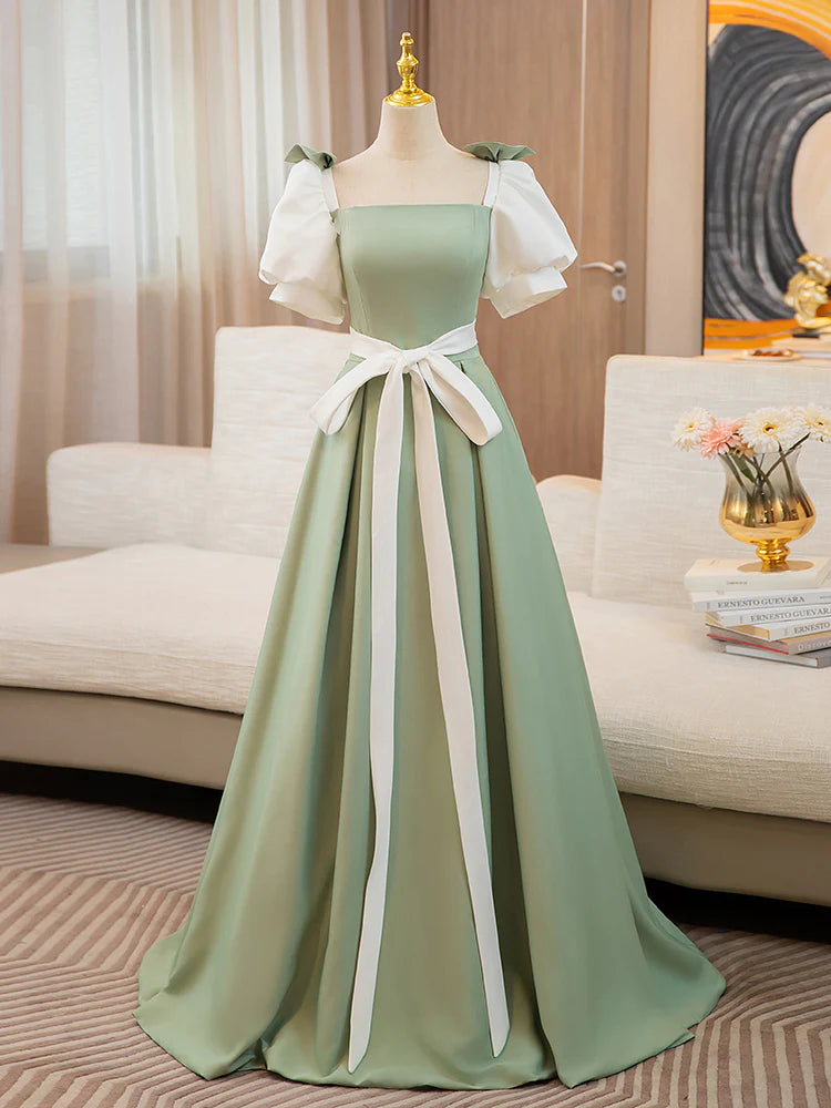 A-Line Puff Sleeves Satin Green Long Prom Dress Green Sweet