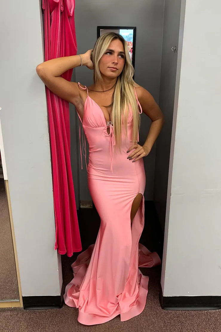 Enchanting mermaid V-neck coral elastic satin ball dress with slit