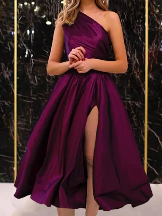 One Shoulder Black/Purple Satin Tea Length Prom Dresses Black/Purple Homecoming Dresses, Short Black/Purple Formal Evening Dresses