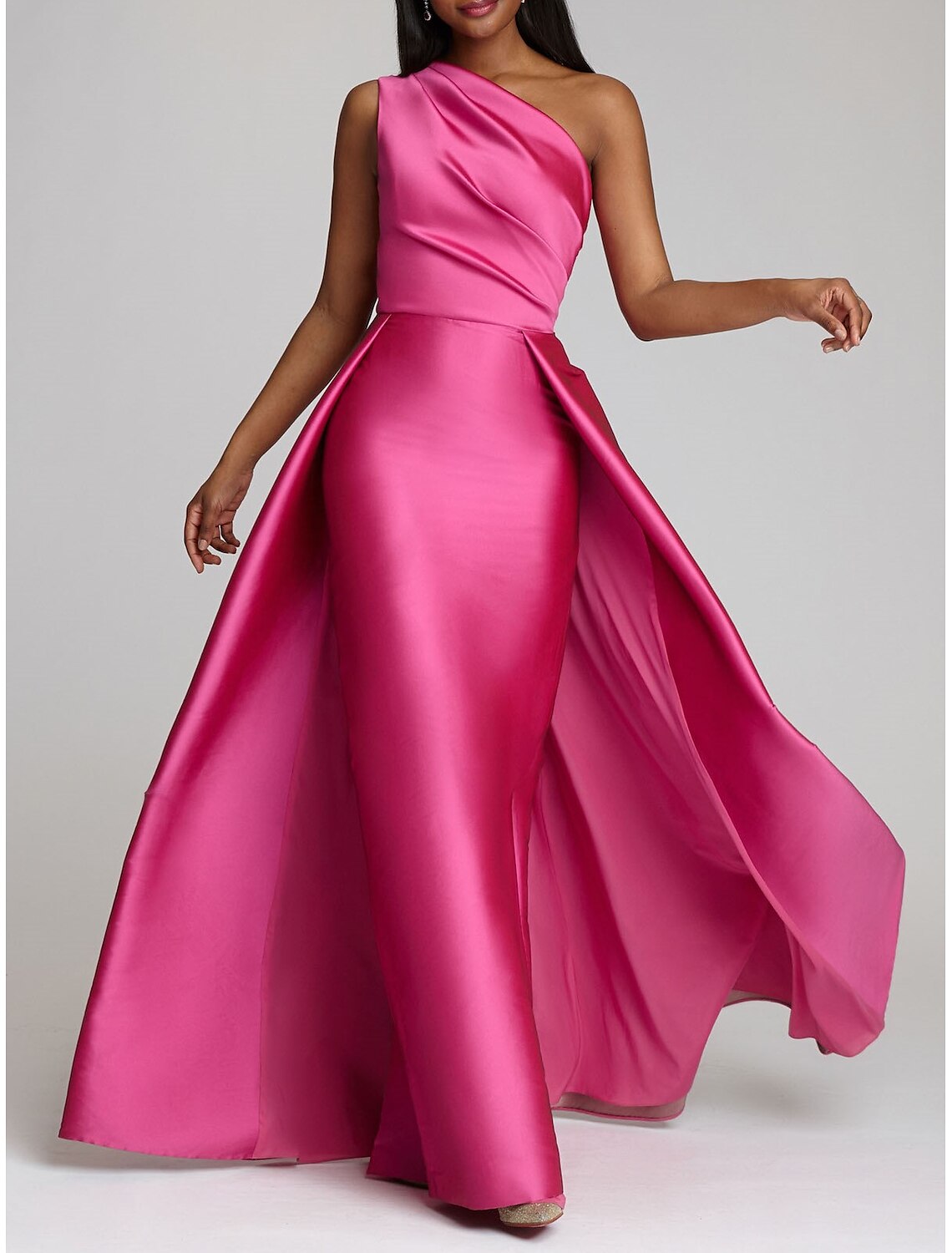 Beach Wedding Sheath Evening Gown Elegant Dress Wedding Guest Cocktail Party Floor Length Sleeveless One Shoulder Satin with Overskirt Pure Color