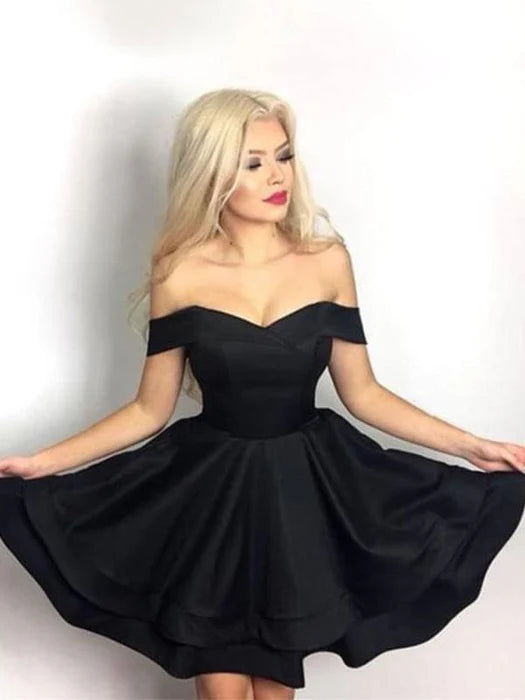 Black Off Shoulder Layered Satin Short Prom Homecoming Off Shoulder Black Formal Black Evening