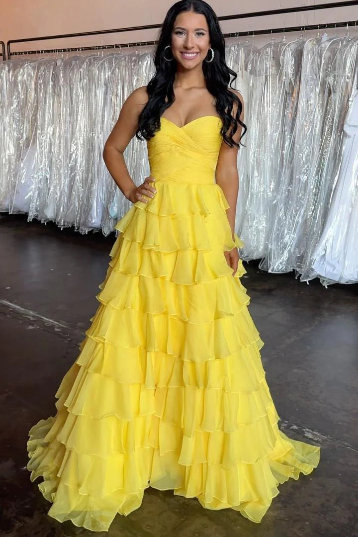 Blue Strapless Sweetheart Layered Sleeveless A-Line Formal Prom Dress